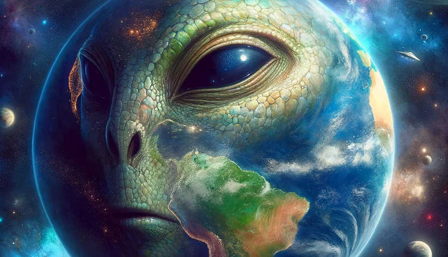 Die Erde im Weltall mit einem Reptiliengesicht und UFOS drumherum.